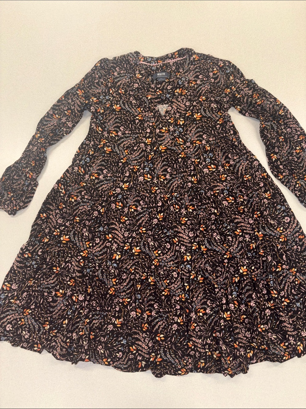 Maeve Anthropologie Amber Tiered Tunic Dress Black Floral Long-Sleeve Babydoll